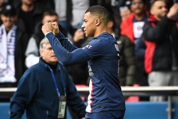Kylian Mbappe pictured celebrating after scoring for PSG against Lille in February 2023